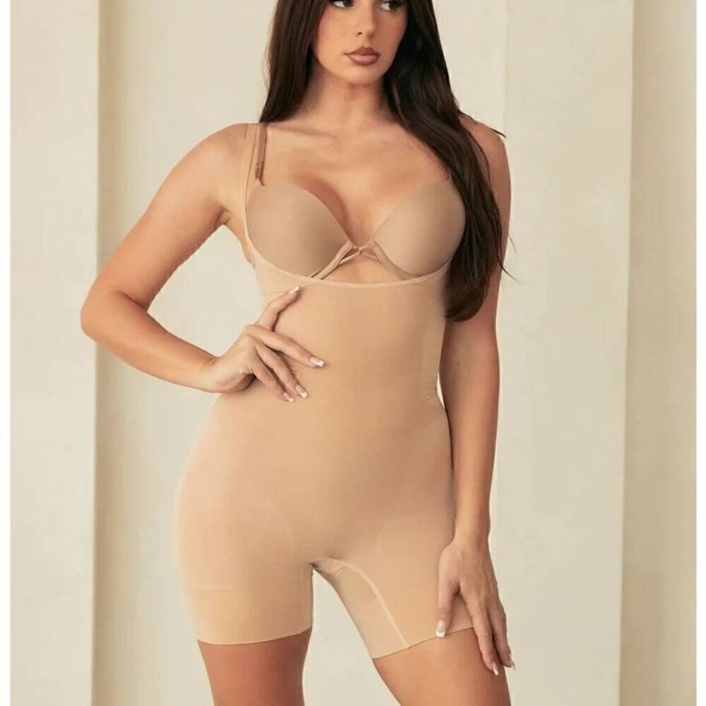 pinsy Open Bust Mid Thigh Butter Soft Bodysuit Beige Large